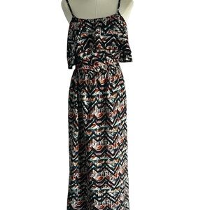 Indulge Retro Geometric Maxi Dress Boho Overlay Spaghetti Straps SZ L
